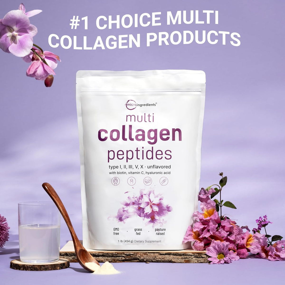 Micro Ingredients Multi Collagen Peptides Powder, 1lb (41 Servings) – Hydrolyzed Type I,II,III,V,X with Biotin, Hyaluronic Acid, Vitamin C – Unflavored Collagen for Women & Men, Easy Dissolve